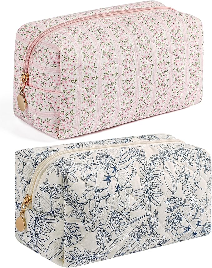 Makeup Bag Travel Cosmetic Bag for Women, Zipper Make Up Pouch, Floral Flowers Toiletry Organizer, Portable Storage Bag, Cosmetic Travel Cloth Bag (Pink+Navy Blue Flower)