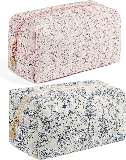 Makeup Bag Travel Cosmetic Bag for Women, Zipper Make Up Pouch, Floral Flowers Toiletry Organizer, Portable Storage Bag, Cosmetic Travel Cloth Bag (Pink+Navy Blue Flower)