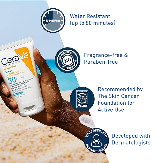 CeraVe Hydrating Sheer Sunscreen with SPF 30 for Face and Body, Mineral & Chemical Sunscreen for Men & Women with Zinc Oxide, Hyaluronic Acid and Ceramides, Paraben-Free + Fragrance-Free, 3 Ounces