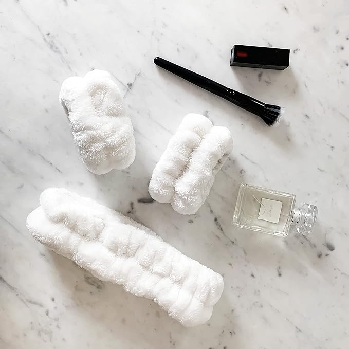 FROG SAC Puffy Spa Headband and Wristbands for Face Washing, Fuzzy Skincare Headbands for Women, Soft Makeup Skin Care Hair Accessories for Girls, Bubble Make Up Sleepover Party Supplies (White)