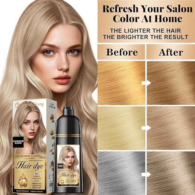 Natural Hair Dye Shampoo 3 IN 1, Gray Hair Coverage, Vegan, Ammonia-Free & Paraben-Free Hair Coloring Shampoo for Women & Men, Beard Dye for Men, Nourishing Gentle (CHAMPAGNE BLONDE)