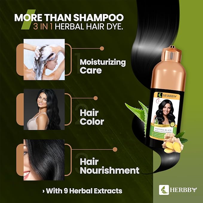 HERBBY Hair Color Shampoo for Gray Hair Coverage&Color Transform with 9 Herbal Extracts –Long Lasting(6-8 Weeks),Shiny,Evenly Colored,Instant Hair Dye Shampoo&Conditioner,500 Ml (NATURAL BLACK COLOR)