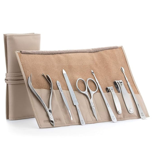 GERMANIKURE 8pc Manicure & Pedicure Set in Beige Leather Case - Made in Germany, FINOX Stainless Steel Tools – Professional Cuticle and Nail Care Kit