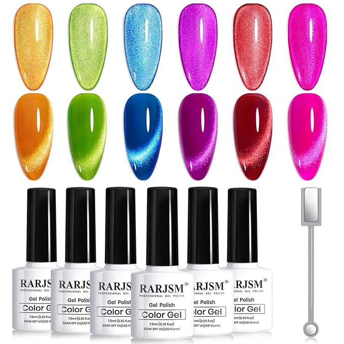 RARJSM 9D Neon Cat Eye Gel Nail Polish Set 6 Colors Velvet Silver Glitter Bright Orange Blue Red Green Rose Purple Ice Gel Polish with Magnet Stick UV LED Curing Requires Soak Off Home Salon Diy