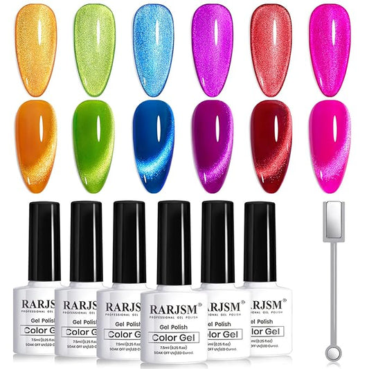 RARJSM 9D Neon Cat Eye Gel Nail Polish Set 6 Colors Velvet Silver Glitter Bright Orange Blue Red Green Rose Purple Ice Gel Polish with Magnet Stick UV LED Curing Requires Soak Off Home Salon Diy