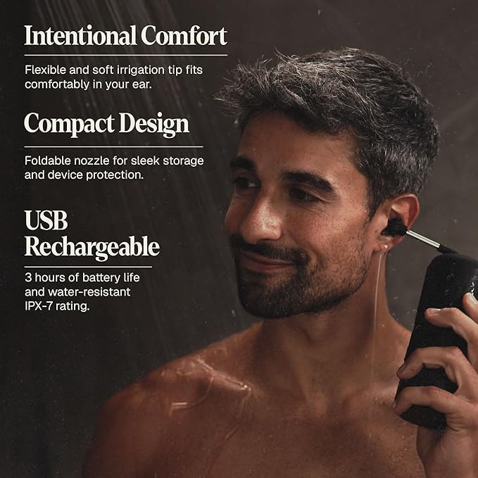 Wush Pro By Black Wolf- Deluxe Water Powered Ear Cleaner- Safe & Effective- Electric Triple Jet Stream 3 Pressure Settings For Ear Wax Buildup- Ear Wax Removal Kit- Water Resistant USB Rechargeable