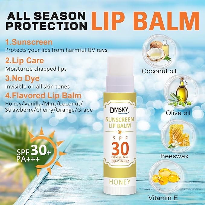 DMSKY SPF 30 Lip Balm Bulk 32 Pack, Sunscreen With Broad Spectrum UVA/UVB Protection, Travel Size Sunblock