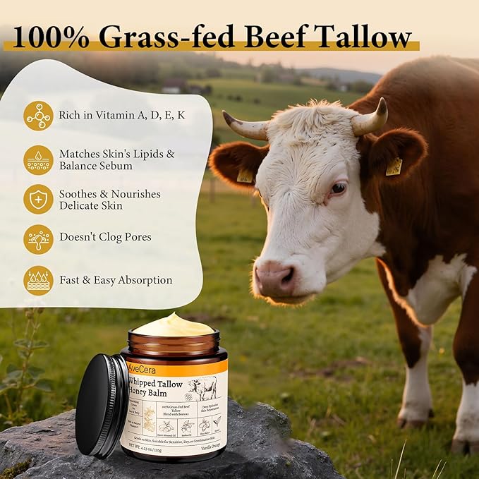Beef Tallow for Skin - Organic Grass Fed Beef Tallow Balm for Face & Body Moisturizer - Whipped Tallow and Honey Balm Deeply Hydrates for Sensitive, Dry Skin Care - 4.23 oz, Vanilla Orange