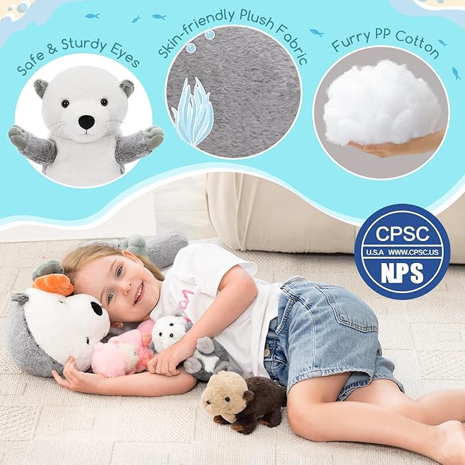 MorisMos 5Pcs Sea Otter Stuffed Animal with Babies,23.6'' Giant Mommy Stuffed Otter Toy with 3 Babies & Plush Seashell, Boy Girl Sea Animal Toys for Kids 3-5 Birthday Christmas Decor