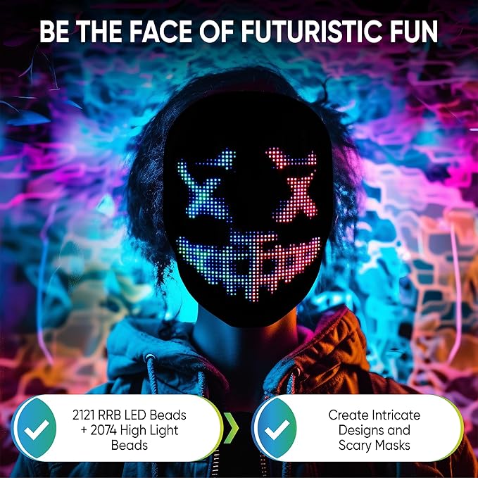 Glow Gear Face Transforming LED Mask App-Controlled Light Up Cosplay Mask with 115+ Animated Faces, Customizable LED Patterns, Rechargeable Battery Rave, Festival, Halloween, DJ Accessory