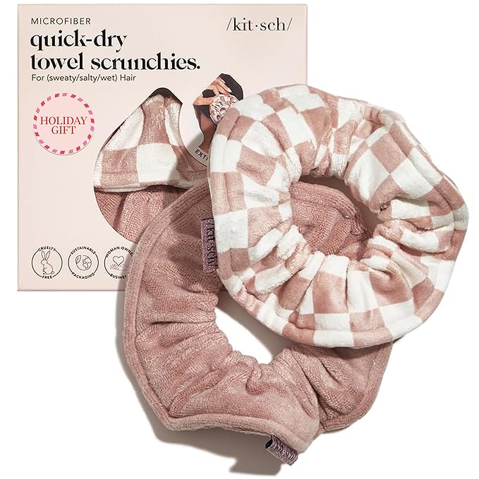 Kitsch Microfiber Hair Towel Scrunchie - Soft Large Scrunchies for Women - Scrunchies for Thick Hair - Highly Absorbent Towels | Ideal Gifts for Women - 2 pcs (Terracotta, Checkered)