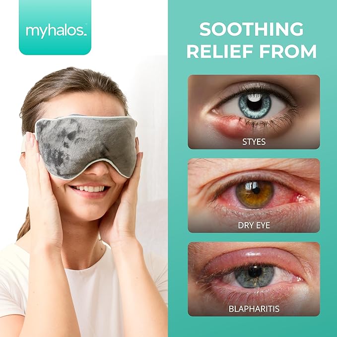 MyHalos® Heated Eye Mask for Dry Eyes - Steam Warm Compress for Eyes - Remove Styes, Chalazion Therapy Warming and Heating Pad Hot Compress - Moist Heat Mask for Blepharitis & MGD