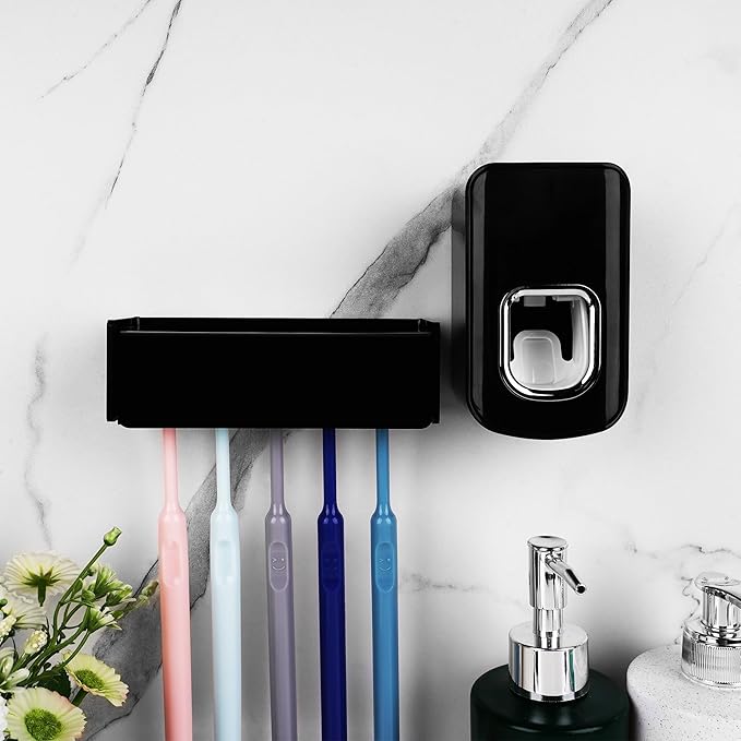5 Slots Wall Mount Toothbrush Holder with Cover, Self Adhesive Toothbrush Storage Organizer for Shower, Toothbrush Hanger with Automatic Toothpaste Squeezer Dispenser(Black)