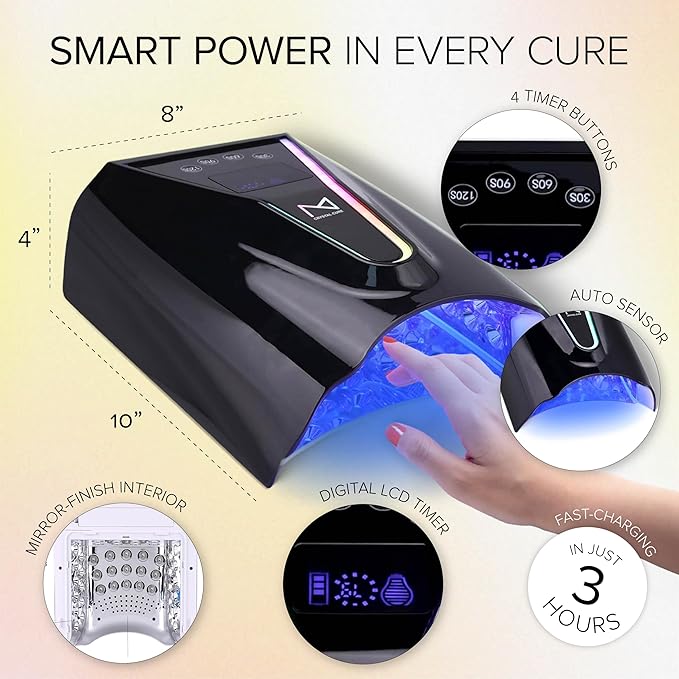 M - Crystal Cure 128W UV Nail Lamp - Fast Curing Nail Light with 45 Powerful 365nm+405nm LEDs - Cordless, Rechargeable, Auto Sensor - UV Light for Gel Nails for Manicures & Pedicures (Black)