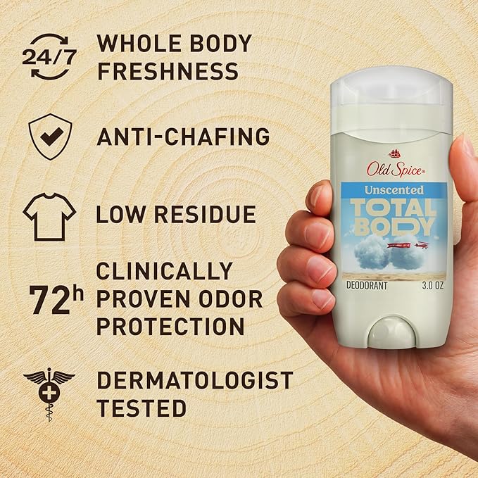 Old Spice Whole Body Deodorant Stick for Men, Aluminum Free, Unscented, 24/7 Odor Protection, 24/7 Lasting Freshness, Dermatologist Tested, Gentle on Skin, Safe to Use All Over, 3.0 oz