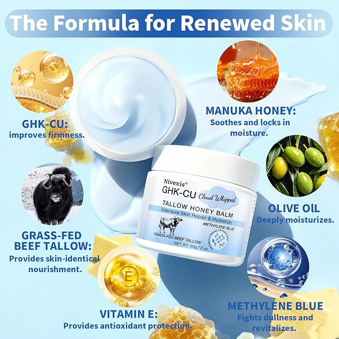 Methylene Blue Whipped Beef Tallow for Skin, Grass Fed Beef Tallow and Honey Balm for Face & Body, with Copper Peptides GHK-Cu Anti-Aging Moisturizer, Suitable for All skin types, 2 Oz