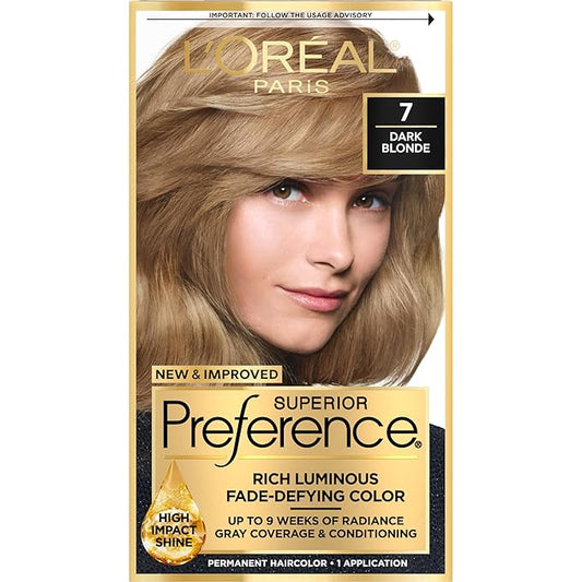 L'Oreal Paris Superior Preference Luminous Fade-Defying Permanent Hair Color, Hair Dye For Up to 9 Weeks of Radiance, Dark Blonde 7, 1 Hair Dye Kit