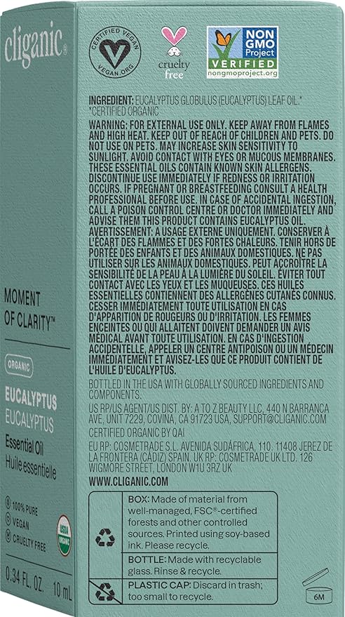 Cliganic USDA Organic Eucalyptus Essential Oil, 100% Pure | Natural Aromatherapy Oil for Diffuser Steam Distilled | Non-GMO Verified (Packaging May Vary)