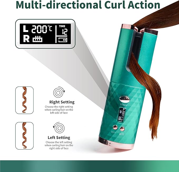Automatic Curling Iron, Hair Curling Iron for Hair Styling, Cordless Auto Hair Curler, with 6 Temps and Timers, Auto Shut-Off, Fast Heating, Rechargeable Cordless Hair Curler 1 (Green) (Green)