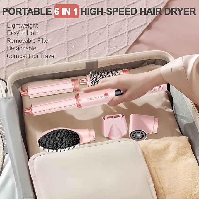6 in 1 Air Styler Set & Hair Dryer Brush, 110,000 RPM High-Speed Negative Ionic Hair Dryer Fast Drying, Multi Professional Hot air Styler for Curling Volumizing Straightening Styling(Pink)