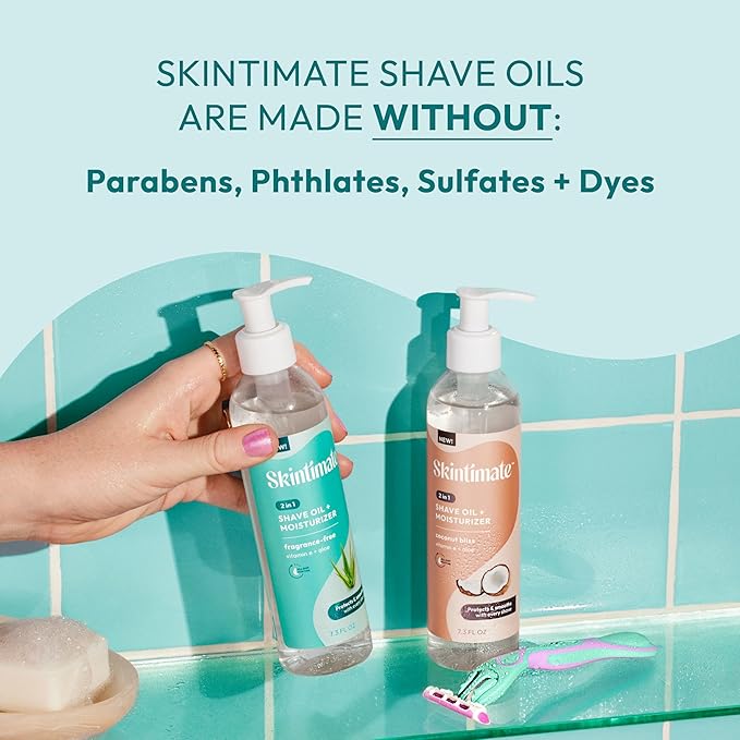 Skintimate 2-in-1 Shave Oil & Moisturizer, Fragrance Free, 7.3oz | Shaving Oil, After Shave for Women Bikini Area Moisturizer with Vitamin E and Aloe, Shaving Cream Alternative, 7.3 fl oz