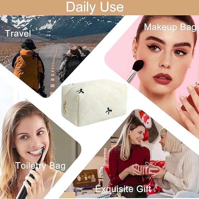 Makeup Bag Travel Cosmetic Bag for Women Girls, Zipper Make Up Pouch, Floral Flowers Toiletry Organizer Makeup, Portable Storage Cosmetic Travel Cloth Bag (Beige)