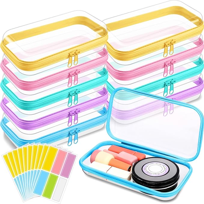 Sanwuta 10 Pcs Hard Zipper Case Clear Hard Pouches Plastic Zipper Pencil Box Toy Storage Bins Portable Plastic Container for Travel Toiletry Office Cosmetic Block Puzzle Organizer(S,Macaron Color)