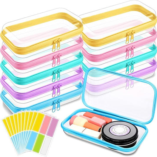Sanwuta 10 Pcs Hard Zipper Case Clear Hard Pouches Plastic Zipper Pencil Box Toy Storage Bins Portable Plastic Container for Travel Toiletry Office Cosmetic Block Puzzle Organizer(S,Macaron Color)