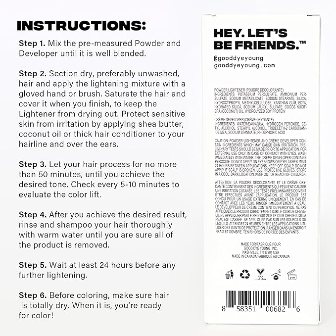 Good Dye Young Hair Lightener Kit (Streaks and Strands) with Dust Free Powder Lightener & 25 Volume Developer - Moisturizing Bleaching Kit - Vegan Hair Bleach (2 oz.)