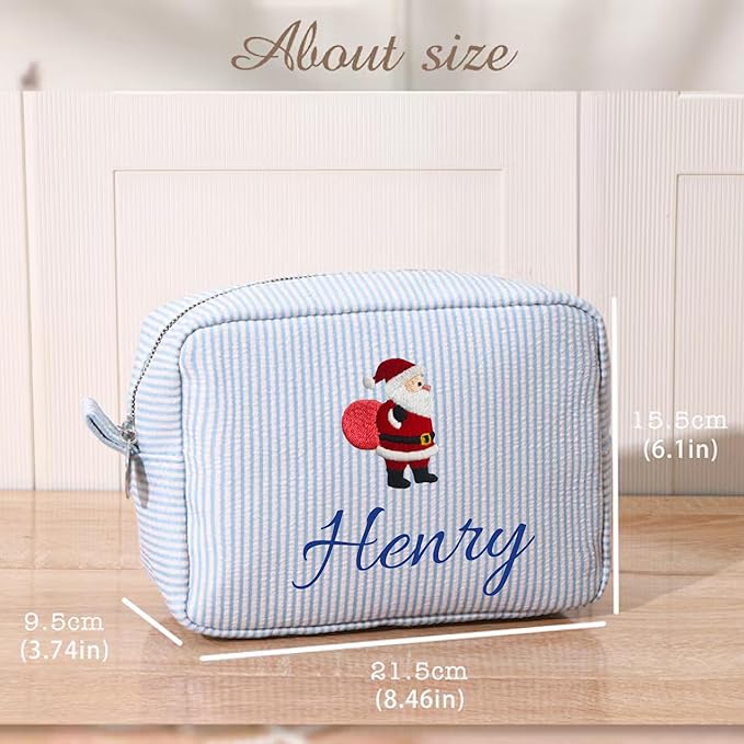 Personalized Seersucker Makeup Bag with Name,Custom Embroidered Cosmetic Bag for Women Girls,Travel Toiletry Bag,Bridesmaid Gifts,Organizer Storage Pouch,Gifts for Christmas,Birthday,Wedding