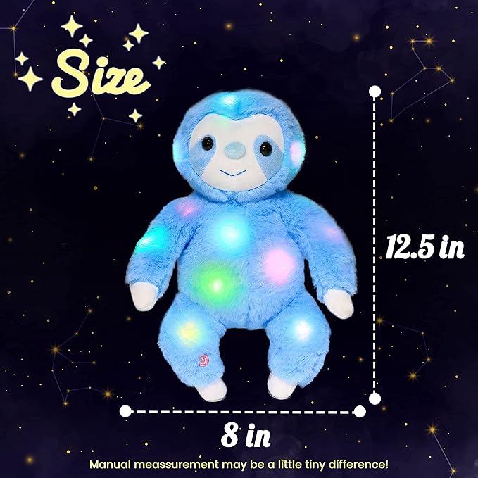 Hopearl LED Plush Three Toed Sloth Lighting Up Stuffed Animal Sloth Floppy Night Lights Glow in The Dark Birthday Festival for Kids Toddlers, Blue, 12.5''
