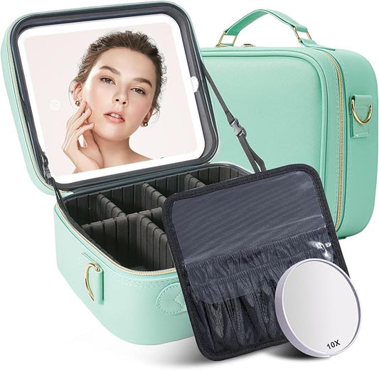 Mocado Travel Makeup Bag with LED Lighted Mirror, Travel Makeup Organizer, Makeup Case with 3 Color Lighted Setting and 10x Magnifying Mirror, Portable Storage and Adjustable Dividers (Powdery Green)