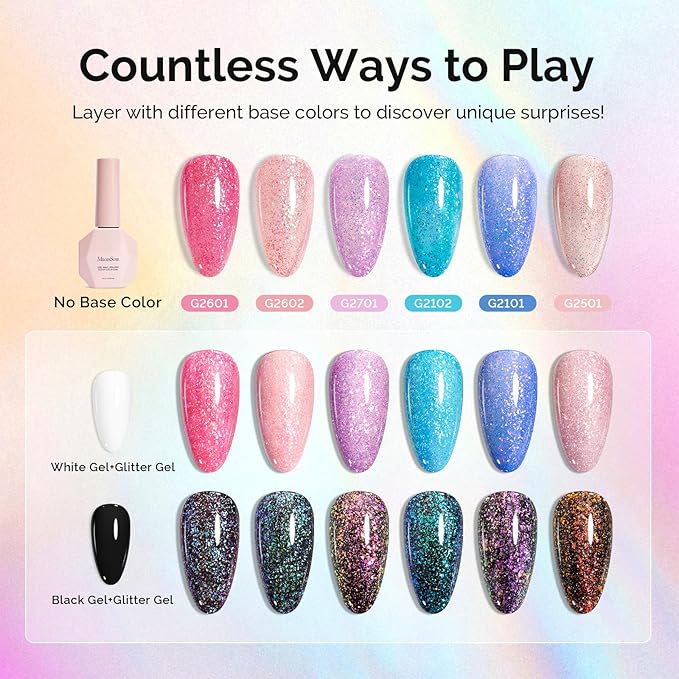 MelodySusie 7.5ML Glitter Gel Nail Polish Set, 6 Colors Sparkle Gel Polish Kit Blue Purple Pink Glitter Gel Polish Gifts for Women Nail Art Manicure Salon DIY Nail Design Decoration at Home