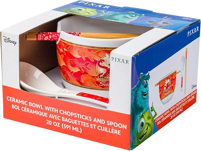 Silver Buffalo Disney Pixar Monsters Inc Harryhausen's Octopus Chef Sushi Bar Ceramic Ramen Noodle Rice Bowl with Chopsticks and Spoon, Microwave Safe, 20 Ounces