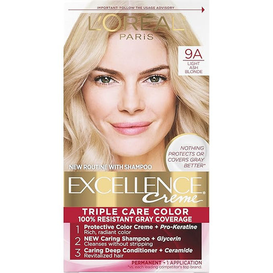 L'Oreal Paris Excellence Creme Permanent Triple Care Hair Color, 9A Light Ash Blonde, Gray Coverage For Up to 8 Weeks, All Hair Types, Pack of 1