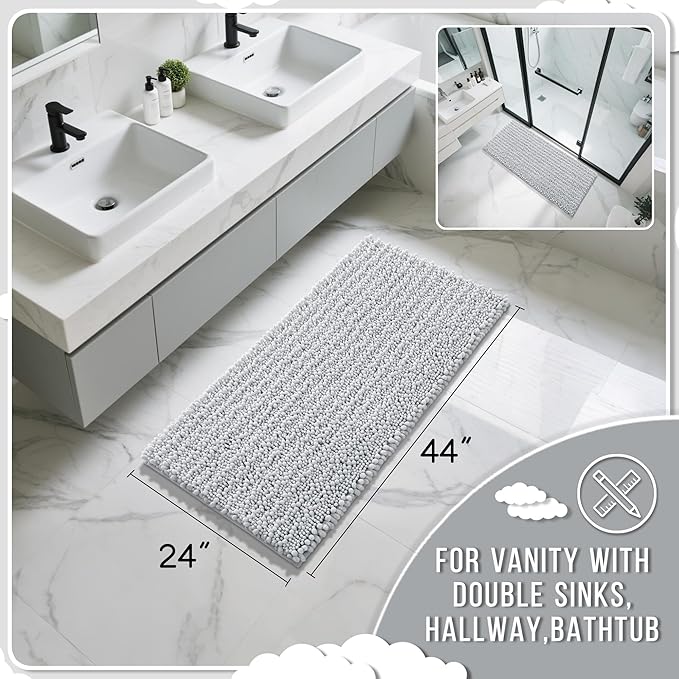 Yimobra Long Bathroom Rugs Non Slip Washable 44x24 Inch - Ultra Soft Absorbent Chenille Bath Mat, Quick Dry Shaggy Floor Carpet for Tub Shower, Silver Home Decor Accessories