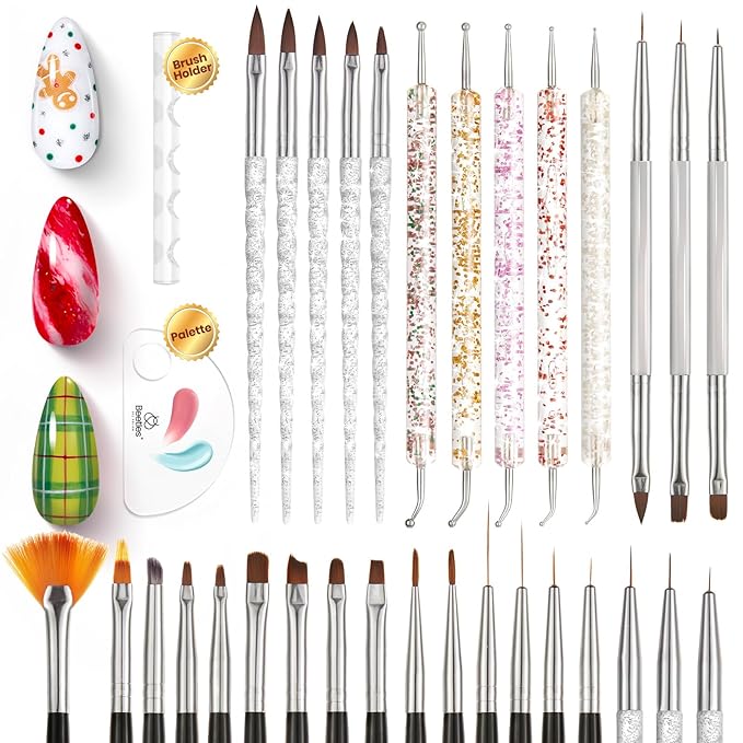 Beetles 31pcs Nail Art Brushes, Dotting Tools, Nail Art Pens, Dust Brush, Striping Liner Fingernail Drawing Pens with Palette Holder All in One for Starter Manicure Design Set