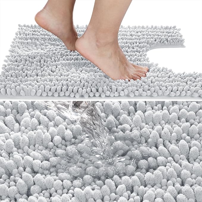 Yimobra Toilet Rug U Shaped Washable 24x20 Inch - Ultra Soft Absorbent Chenille Bath Rugs for Toilet, Quick Dry & Machine Washable, Non Slip Contour Bathroom Mat, Silver