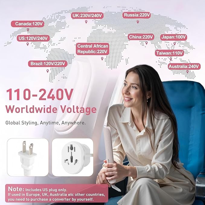 Quico Hair Straightener, 110-240V Global Travel Hair Straighteners for Women, 15s Fast Heating, Professional Negative Ion Flat Iron, Temp Memory, 320℉-450℉, Auto-Off, with Glove and Clips, Gift, Pink