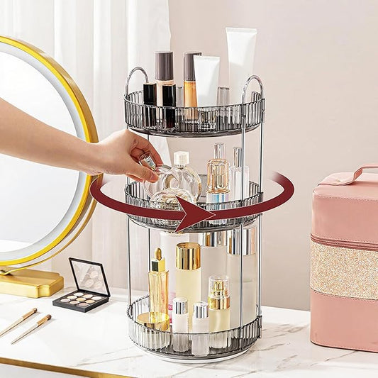 360° Rotating Makeup Organizer, Bathroom Make Up Spinning Holder Rack, Large Capacity Cosmetics Storage Vanity Shelf Countertop, Fits Cosmetics, Perfume, Skincare, Lipsticks(3 Tiers, Gray)