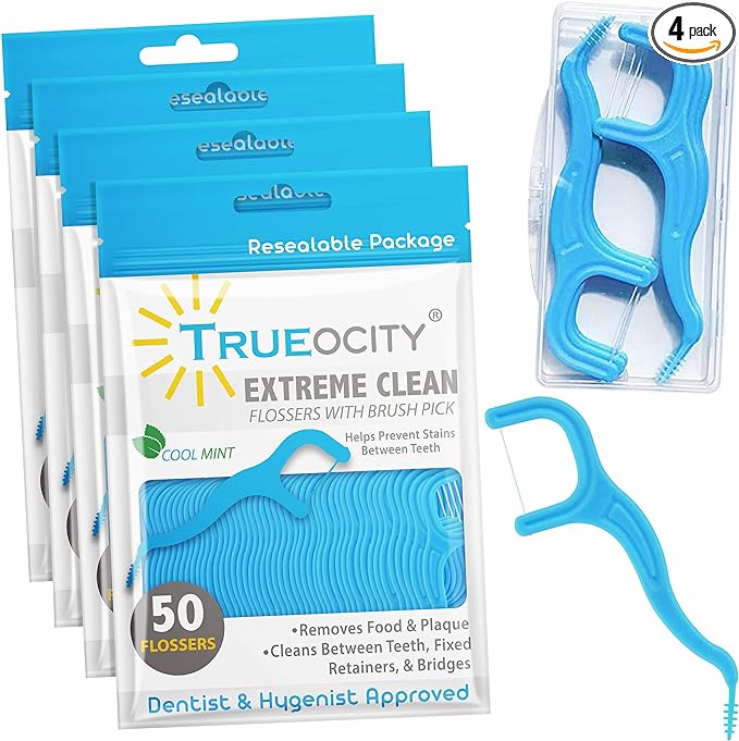 Trueocity Dental Flossers Brush Picks 4 Pack w/Travel Case (200 Total Count), Dental Floss Glides Easy, Flosser Helps Prevent Tooth Decay & Gum Disease, Easy Grip, Flossers for Adults, Mint Flavored