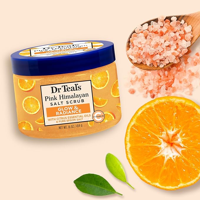 Dr Teal's Pink Himalayan Salt Body Scrub, Glow & Radiance with Pure Epsom Salt & Citrus Essential Oils 16 oz (Pack of 3)