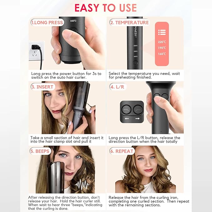 Automatic Rotating Curling Iron, Hair Curler with 3 Temps Fast Heating, 2-Way Rotating 1 Inch Curling Wand, Ceramic Coating, Ionic, Anti-Scald, Anti-Tangle, Dual Voltage Auto Shut-Off (Gray)