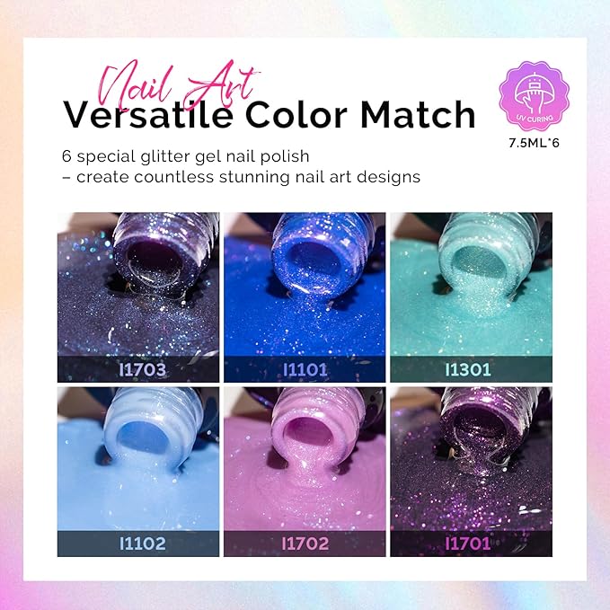MelodySusie 7.5ML Glitter Gel Nail Polish Set, 6 Colors Chameleon Sparkle Gel Polish Kit Aurora Blue Purple Green Shimmer Gel Polish Gifts for Women Nail Art Manicure Salon DIY Nail Design at Home