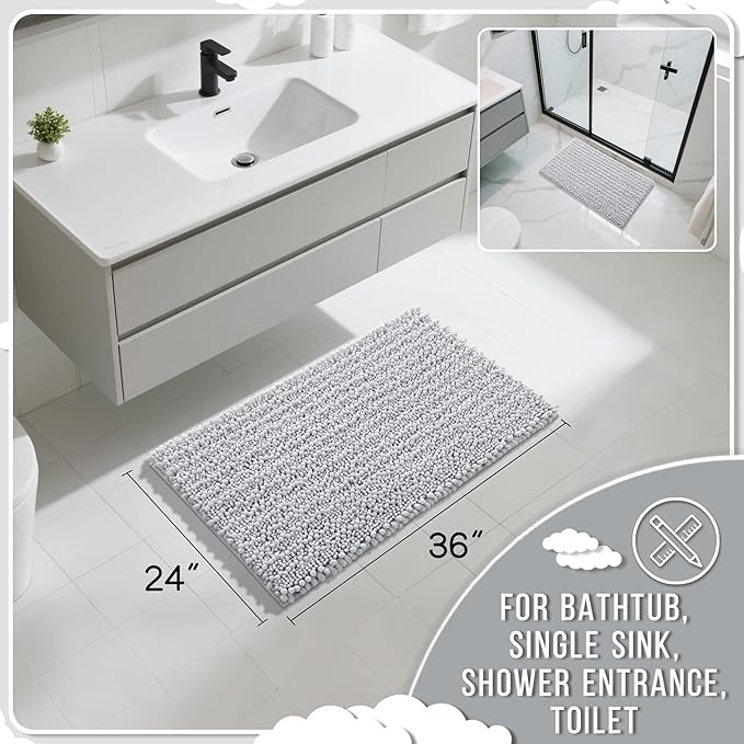 Yimobra Large Bathroom Rugs Non Slip Washable 36x24 Inch - Ultra Soft Absorbent Chenille Bath Mat, Quick Dry Shaggy Floor Carpet for Tub Shower, Silver Home Decor Accessories