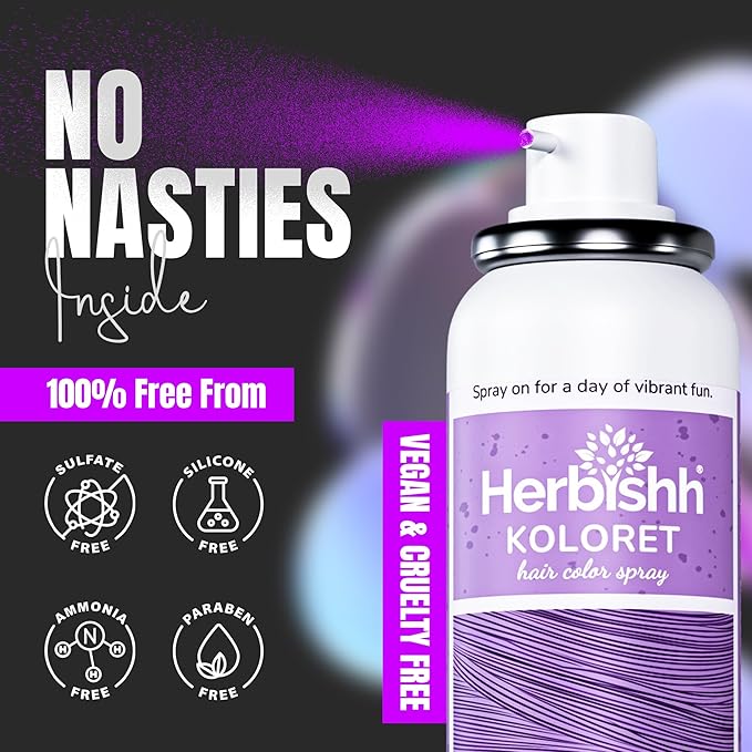 Herbishh Koloret Pastel Lavender Hair Tint Spray (69g), Washable Temporary Dye Mist for Light & Dark Hair, Quick-Dry, Non-Sticky, Travel-Friendly Root Touch Up Spray for Women