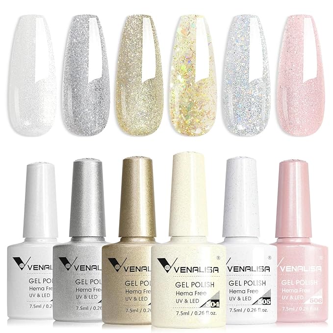 VENALISA Glitter Gel Nail Polish Set, 6 Colors Chrome Platinum Glitter, Sparkly Silver Gold UV Gel Soak Off For Nail Salon DIY Home Manicure