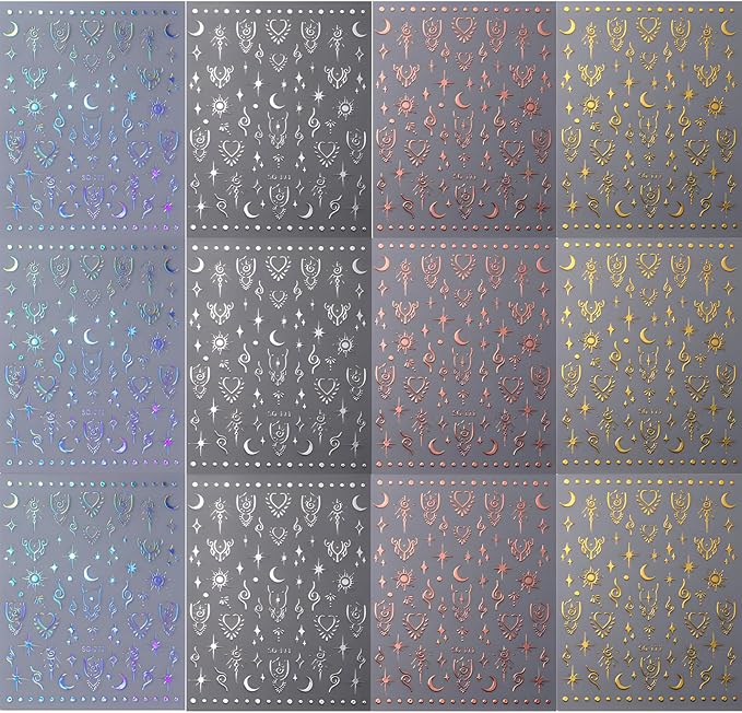 12 Sheets Star Nail Stickers for Nail Art Gold Moon Star Nail Art Stickers Decals 3D Self Adhesive Aurora Nail Decals Silver Star Nail Art Design Decoration Accessories for Women, Style 3