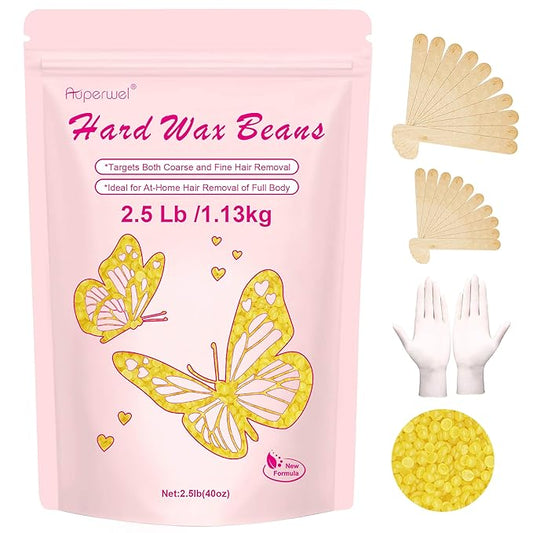 Hard Wax Beads for Hair Removal - 2.5lb/40oz Bulk Refill for Sensitive Skin, Brazilian, Bikini, Underarms, Face, Body Waxing with 20 Sticks (Honey)