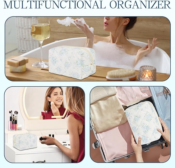 Quilted Makeup Pouch,Cotton Puffy Makeup Bag, Coquette Cosmetic Bag for Women and Girls, Aesthetic Organizer Bag, Cute Flower Travel Toiletry Bag